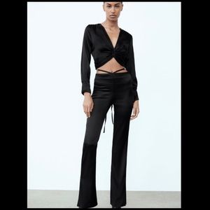 ZARA Flared Satin Pants Black Size Small Preowned
